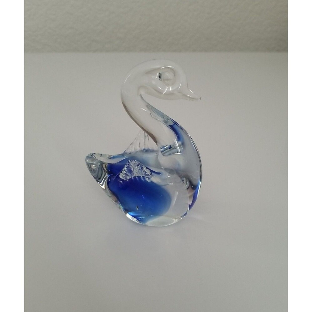 Vintage Blown Glass Swan Bird Clear Cobalt Blue Figurine Paperweight Art